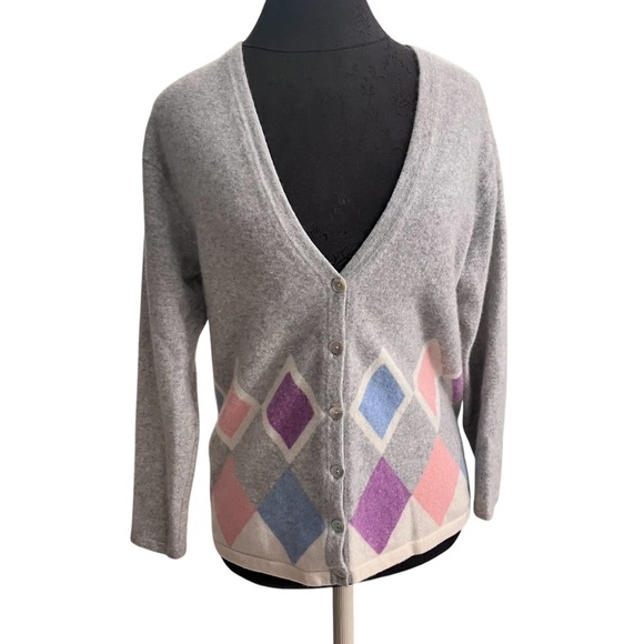 El Daws Cashmere Gray Argyle Button-Up Women's Sweater Size Medium - Picture 1 of 9